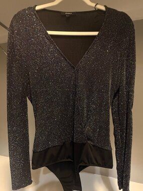 Studio F Black Silver Glitter Wrap V-Neck Bodysuit Size L